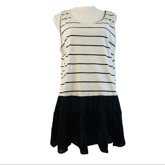 Umgee Tops - UMGEE Large Black and White Striped Ruffle Tunic Tank Top